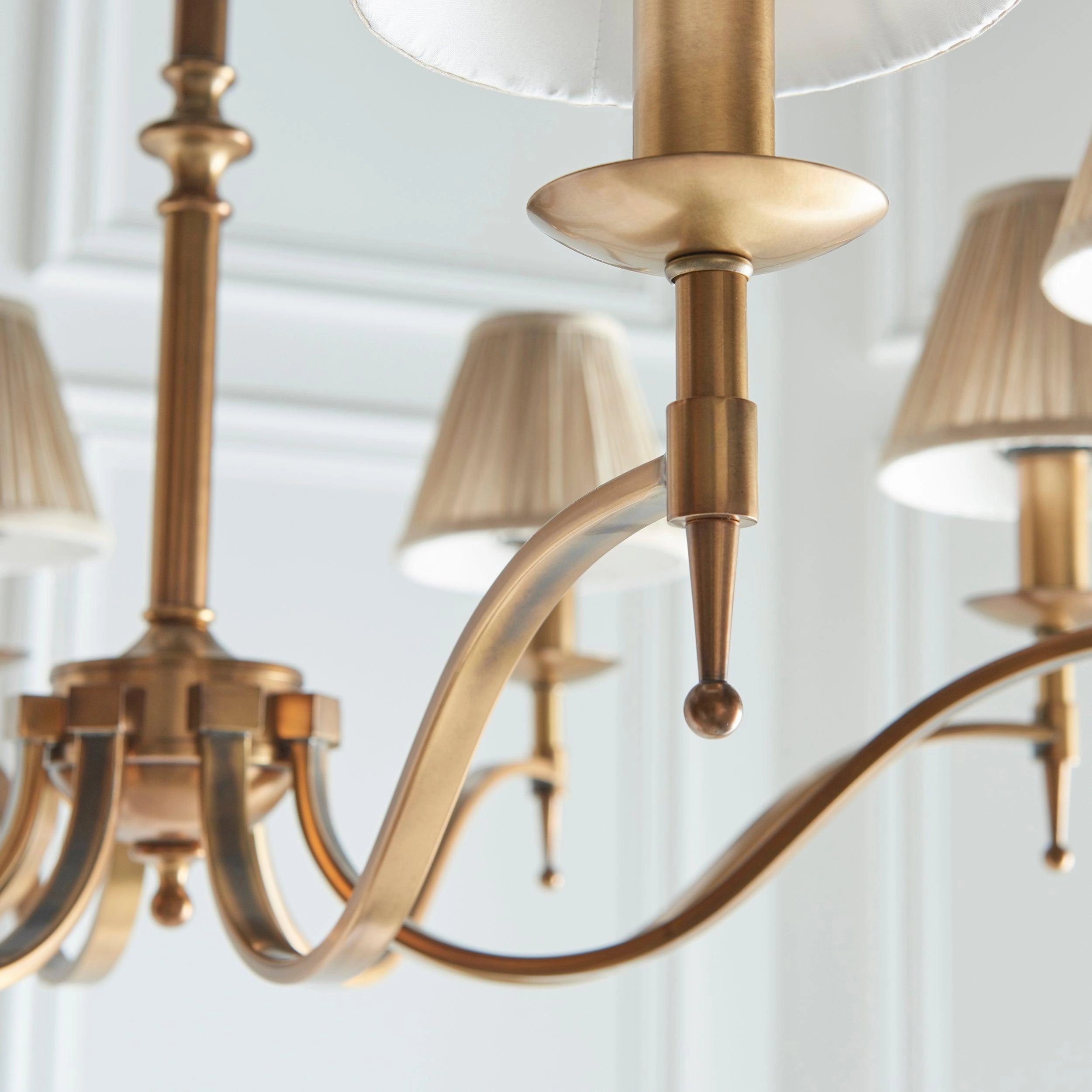 Stanford 8 Light Antique Brass Chandelier - Beige Shades