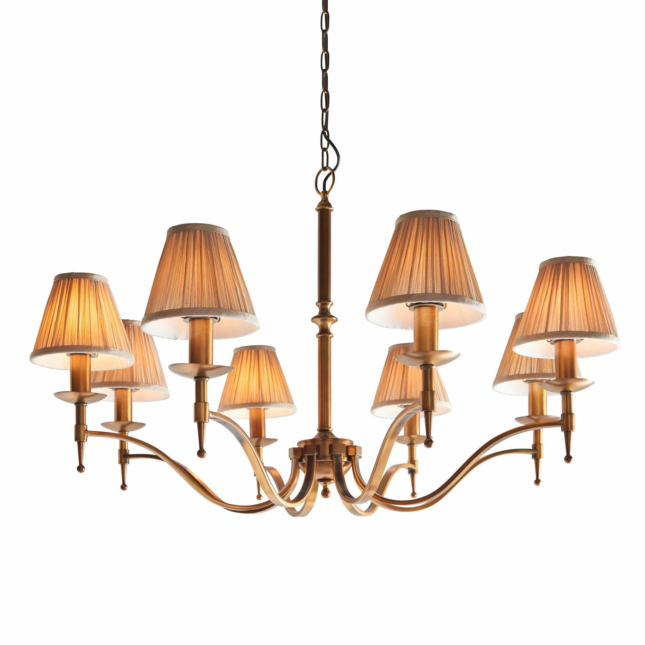 Stanford 8 Light Antique Brass Chandelier - Beige Shades