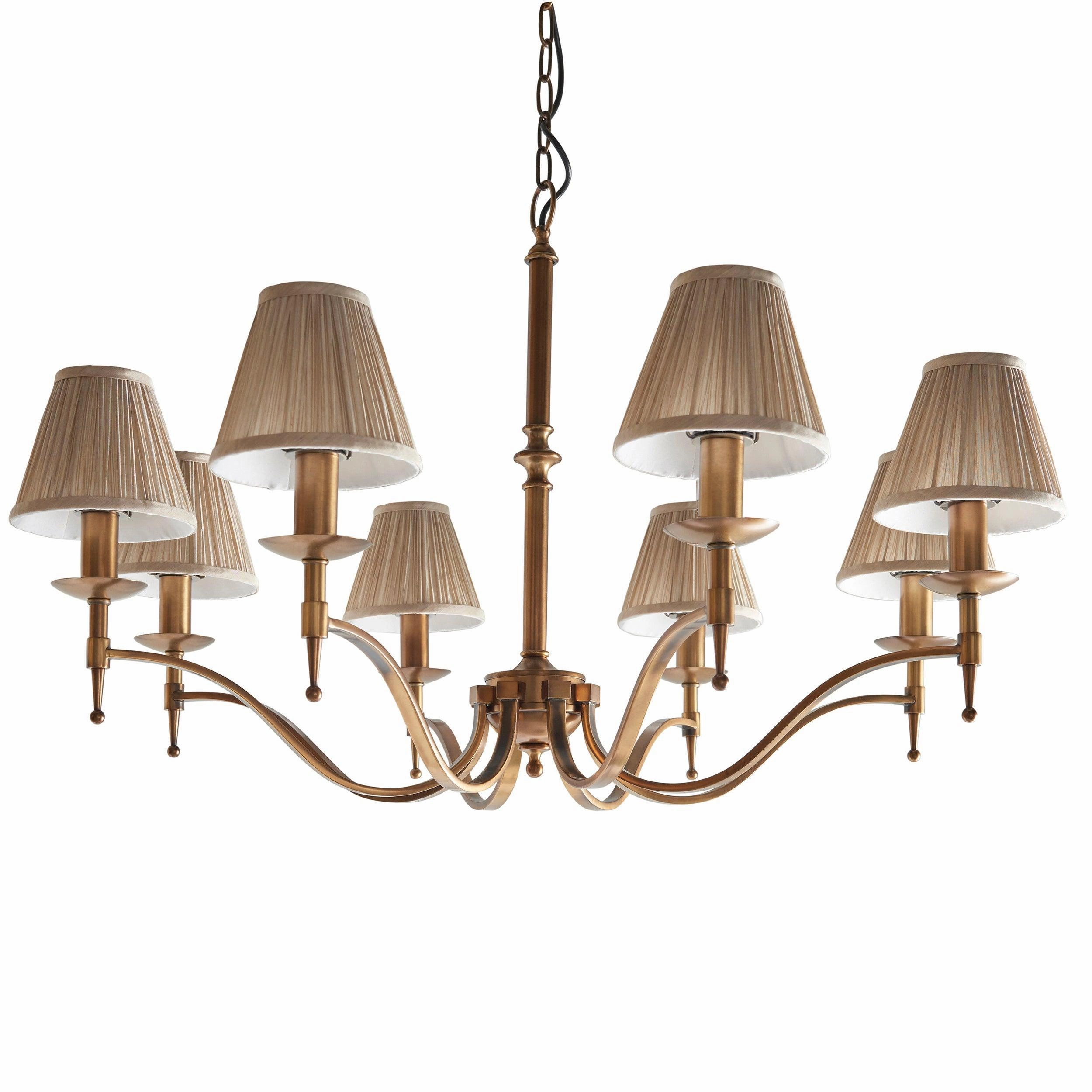 Stanford 8 Light Antique Brass Chandelier - Beige Shades