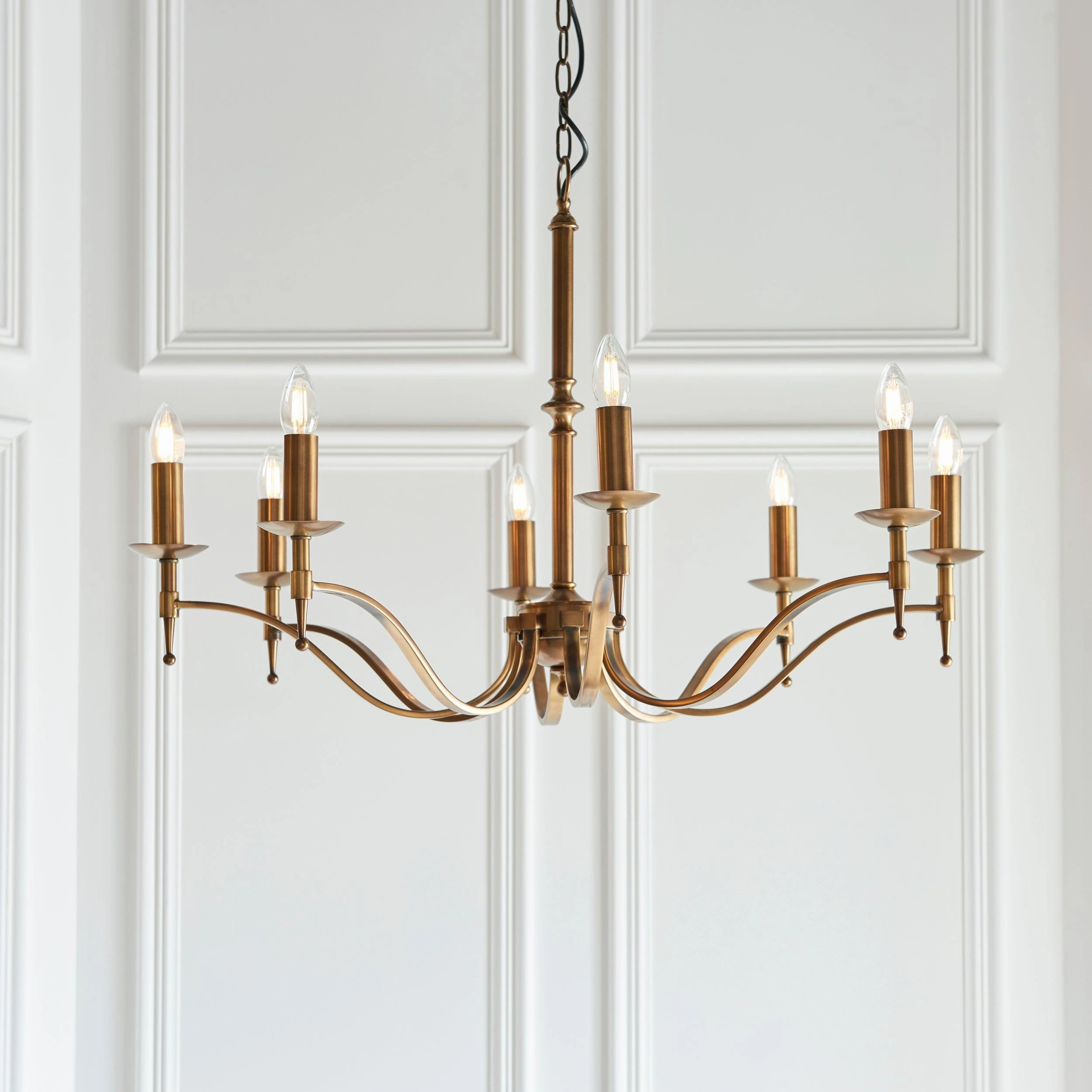 Stanford 8 Light Antique Brass Chandelier - Beige Shades