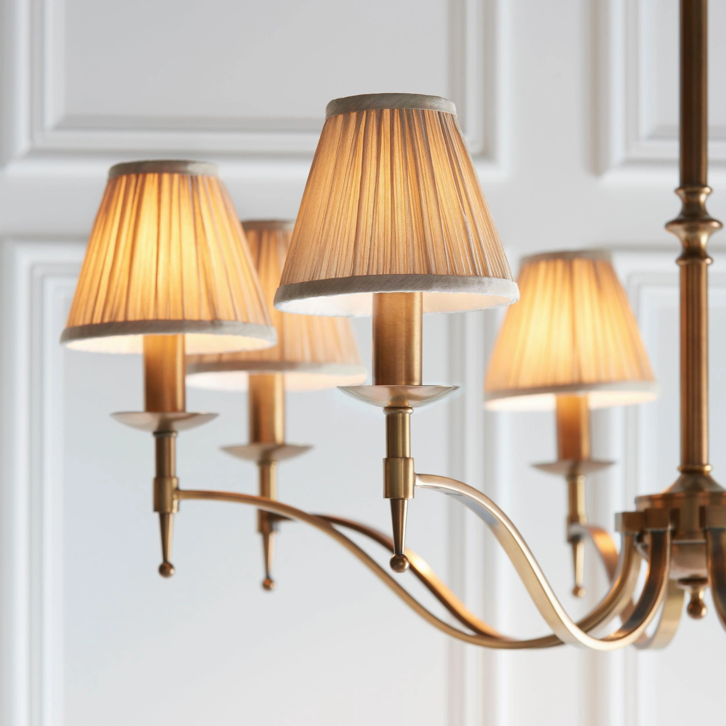 Stanford 8 Light Antique Brass Chandelier - Beige Shades