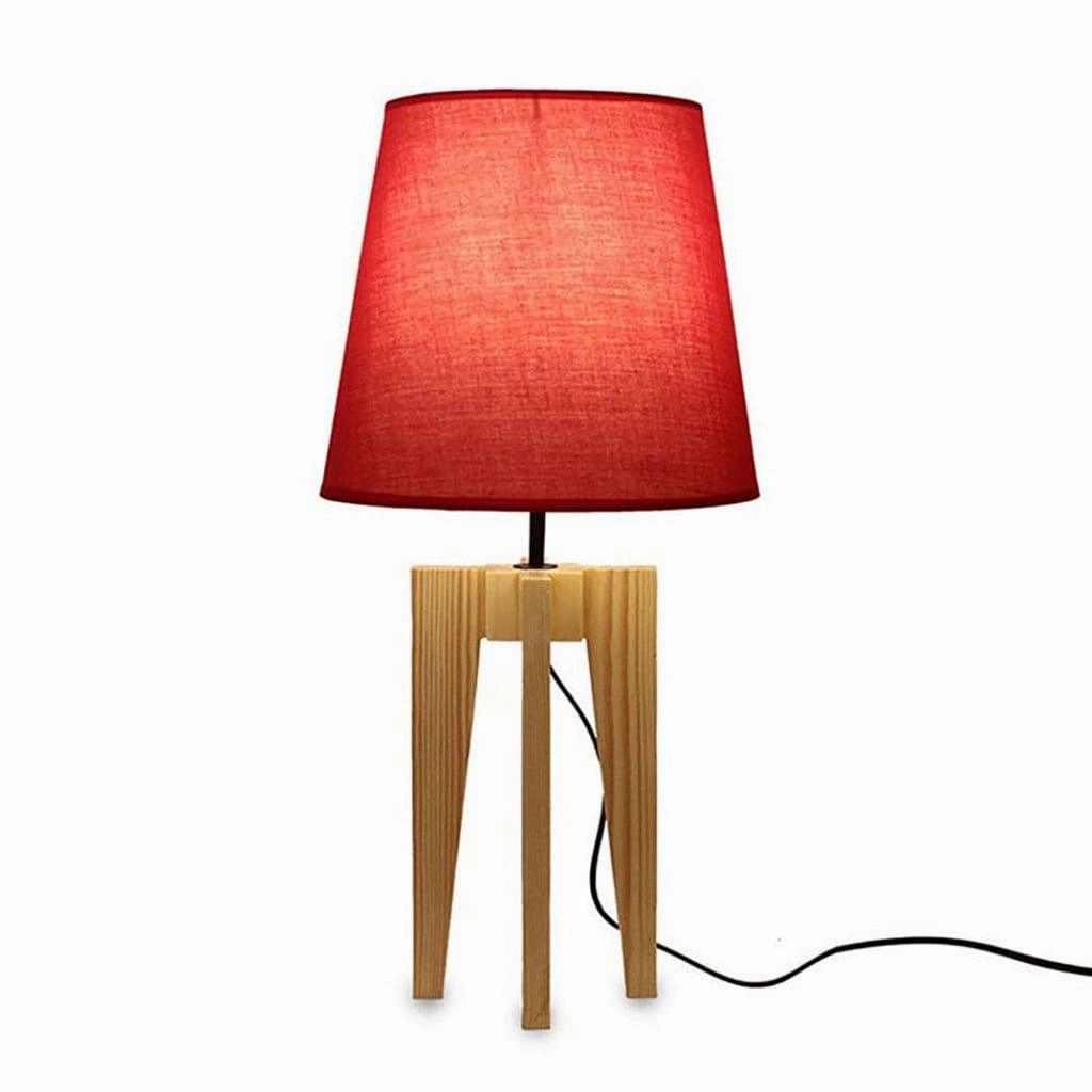 Stella Beige Wooden Table Lamp with Red Printed Fabric Lampshade