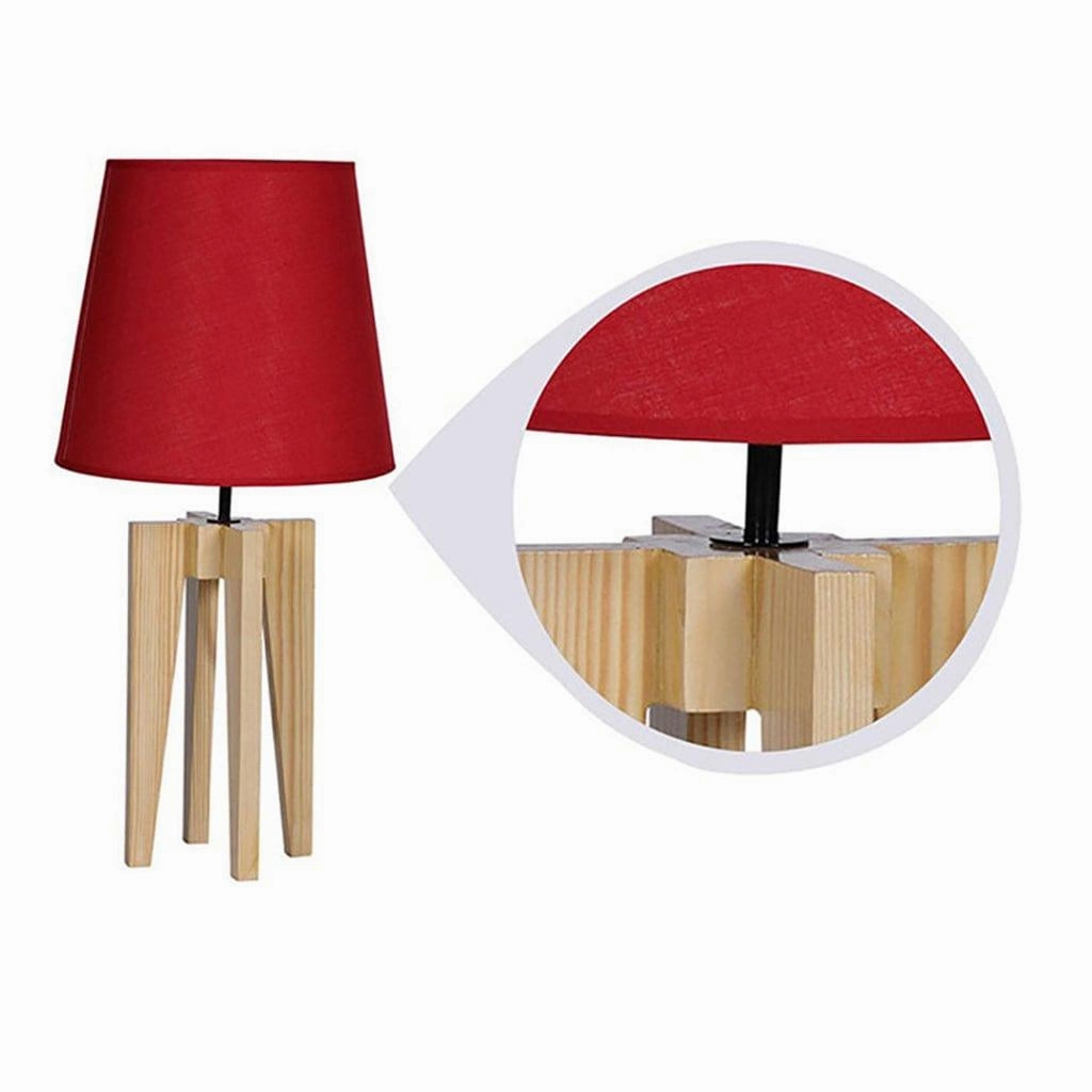 Stella Beige Wooden Table Lamp with Red Printed Fabric Lampshade