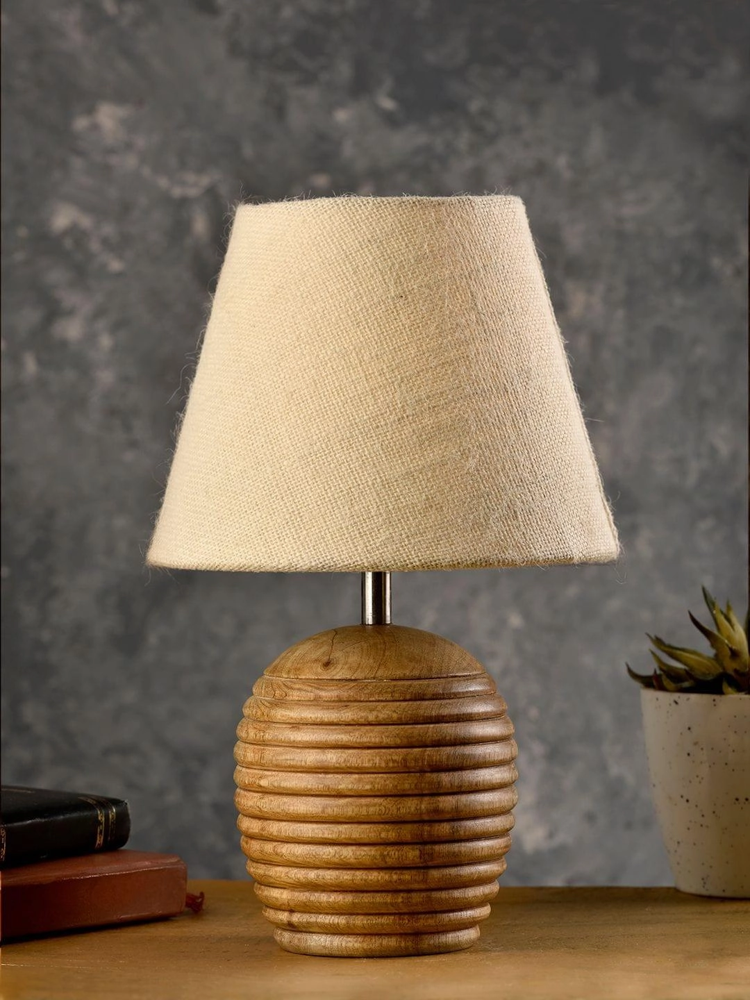 Striped Wooden Brown Lamp with White Jute Shade