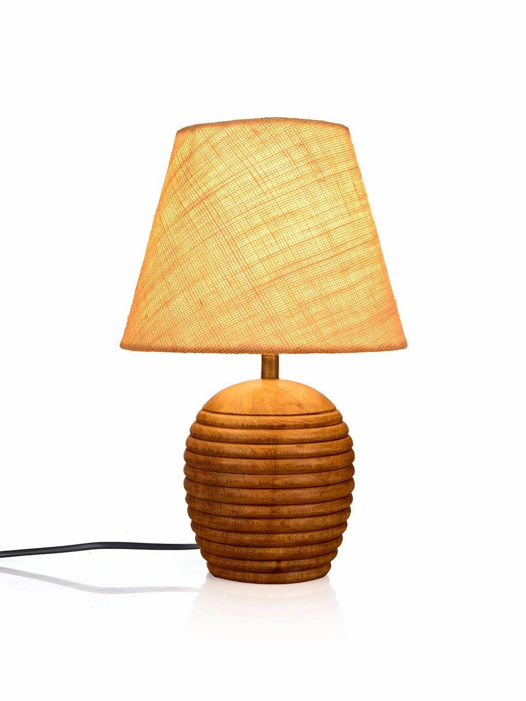 Striped Wooden Brown Lamp with White Jute Shade