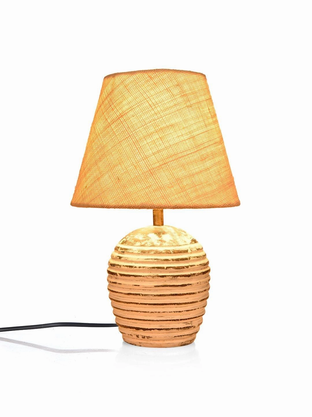 Striped Wooden White Lamp with White Jute Shade