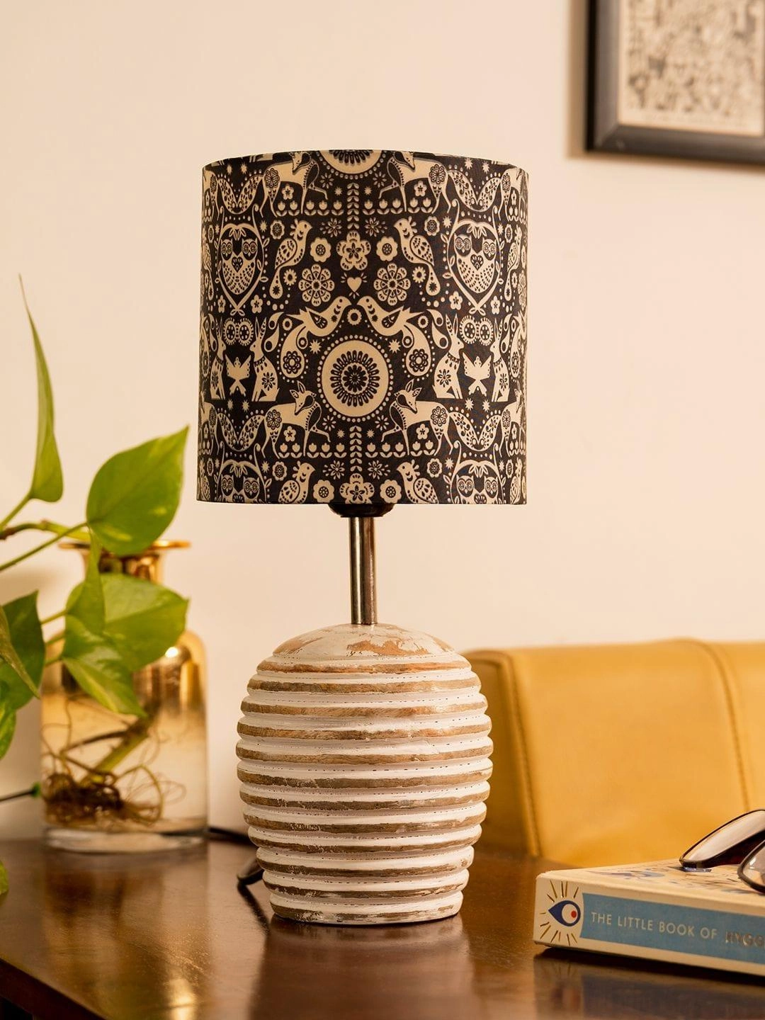Stripped Distress White Lamp with Indian Art multicolor shade