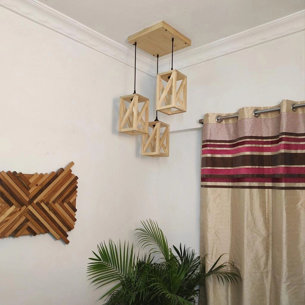 Symmetric Beige Wooden Cluster Hanging Lamp (BULB NOT INCLUDED)