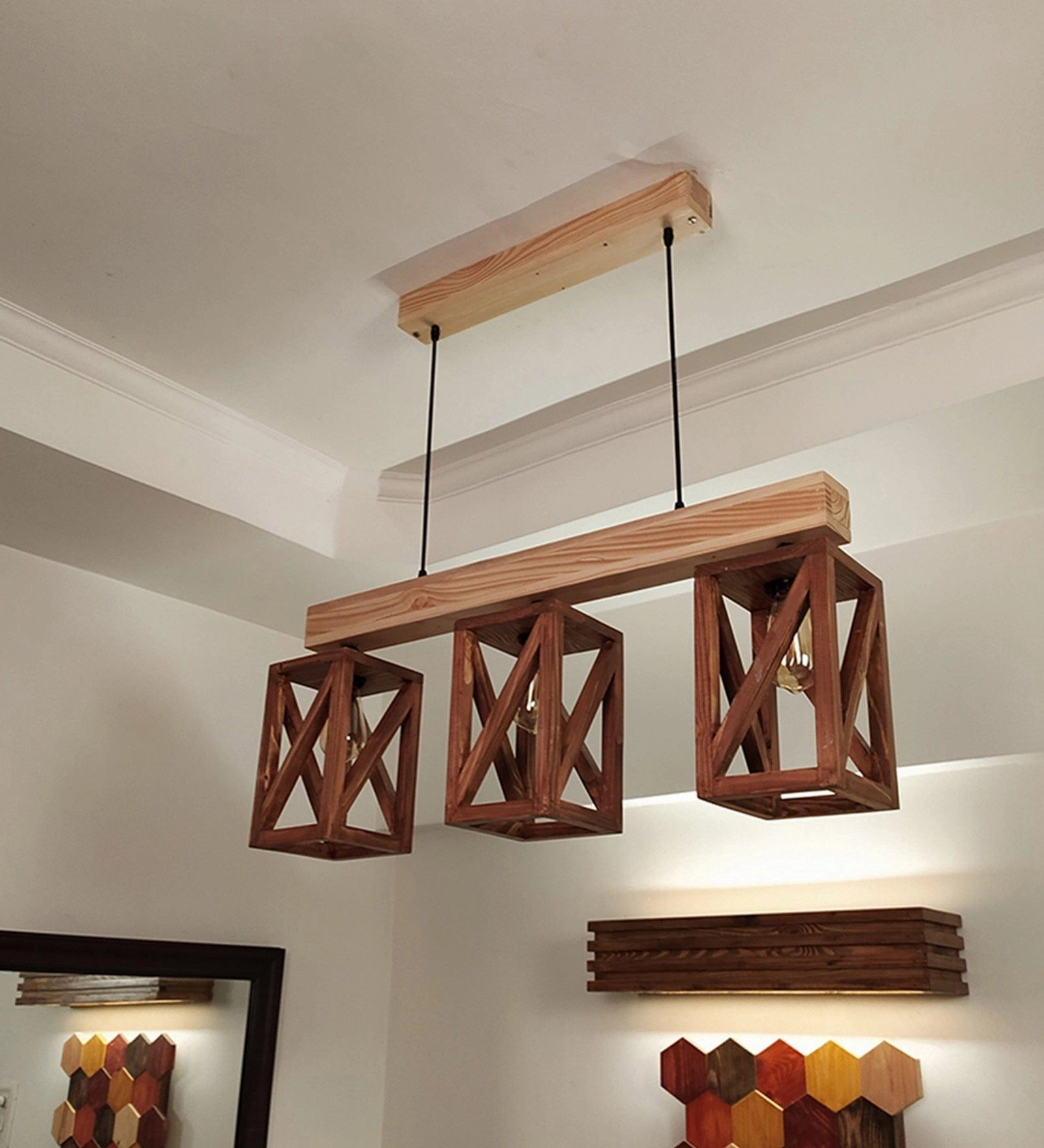 Symmetric Brown & Beige Wooden Series Hanging Lamp (BULB NOT INCLUDED)