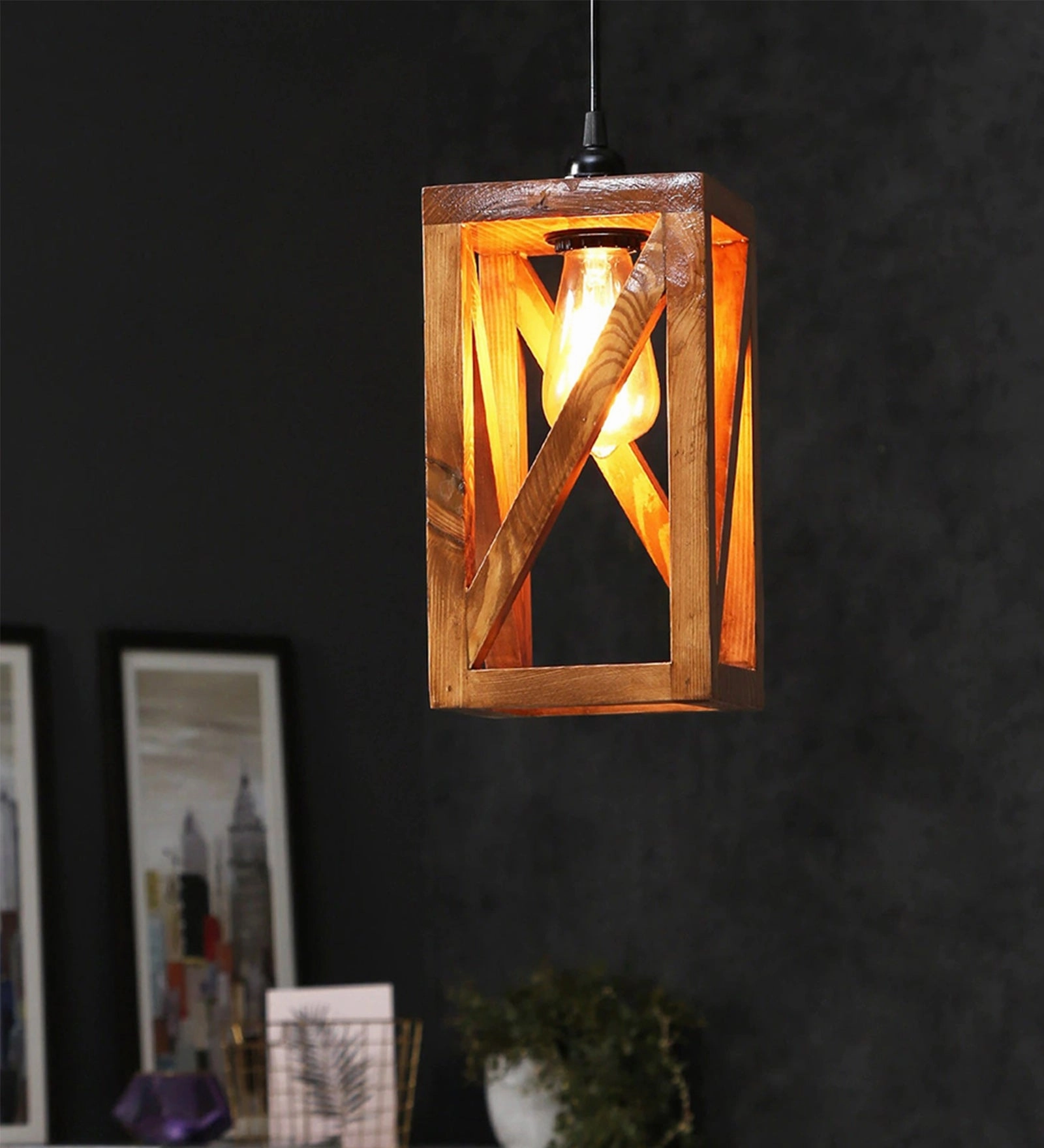 Symmetric Brown Wooden Single Hanging Lamp (BULB NOT INCLUDED) contemporary ceiling fixture