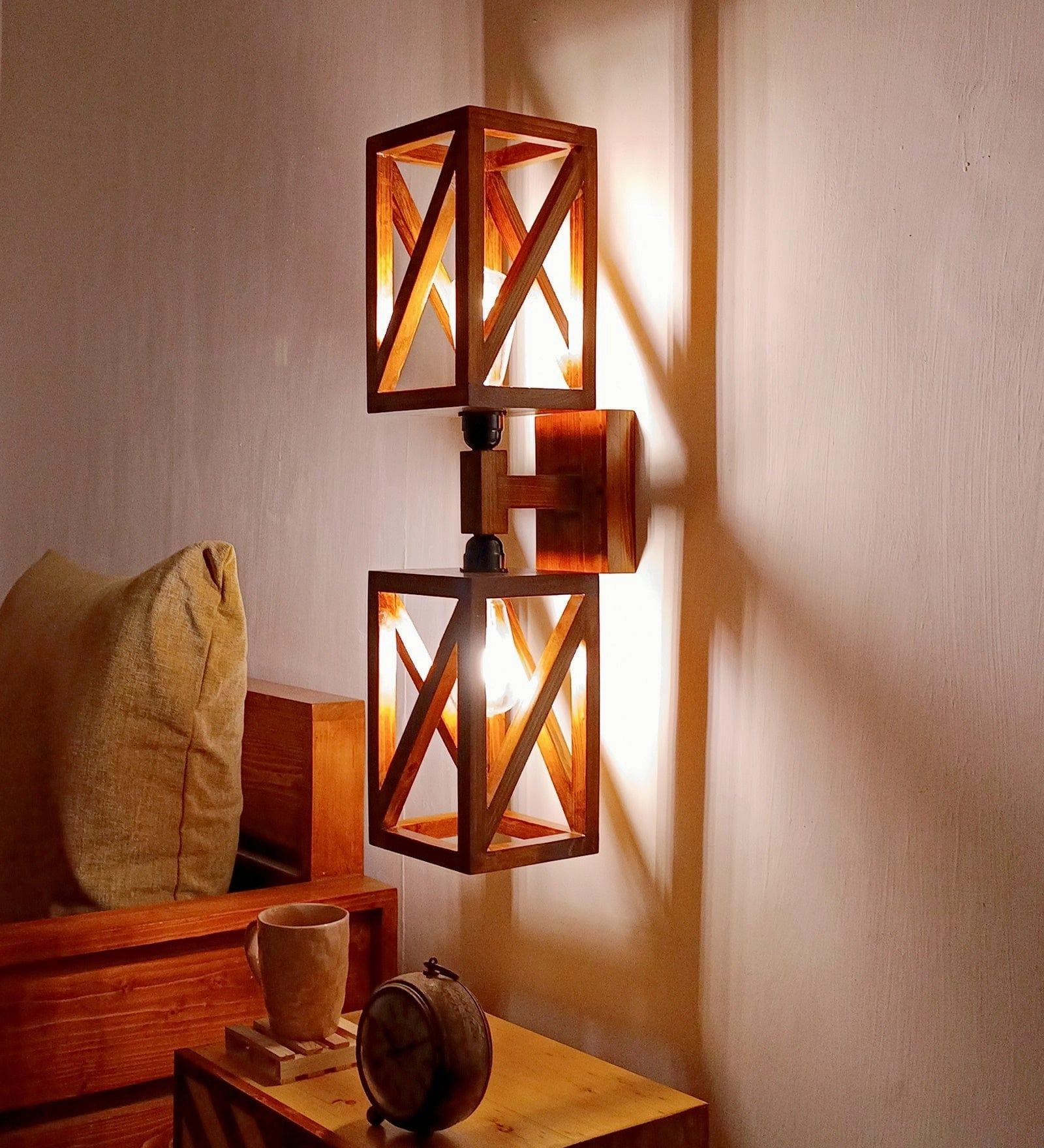 Symmetric Duo Brown Wooden Wall Light (BULB NOT INCLUDED)