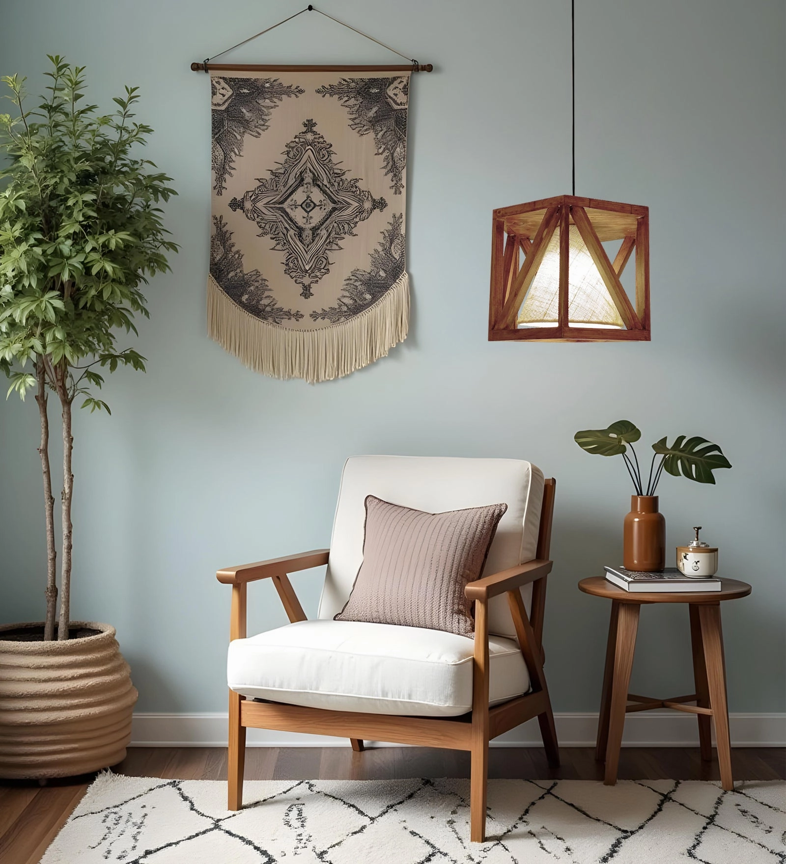 Symmetric Hexa Brown Wooden Single Hanging Lamp (BULB NOT INCLUDED)