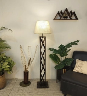 Symmetric Wooden Floor Lamp with Premium Beige Fabric Lampshade (BULB NOT INCLUDED) garden LED light