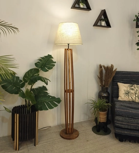 Tall Boy Wooden Floor Lamp With Yellow Printed Fabric Lampshade (BULB NOT INCLUDED) garden LED light
