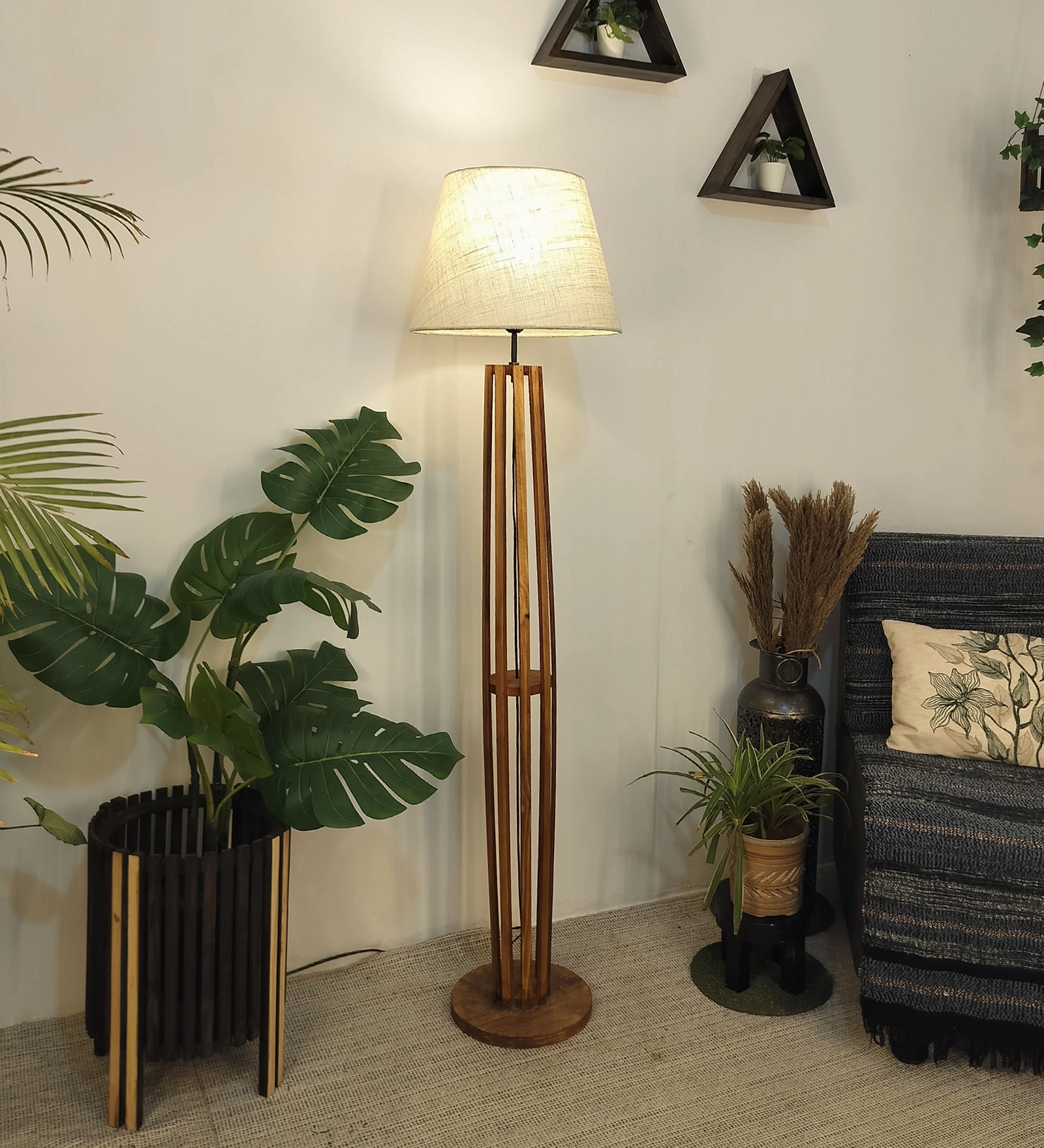 Tall Boy Wooden Floor Lamp With Yellow Printed Fabric Lampshade (BULB NOT INCLUDED) garden LED light