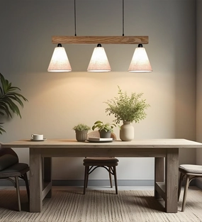 Terzo Brown Wooden Series Hanging Lamp with Beige Fabric Lampshade (BULB NOT INCLUDED) contemporary ceiling fixture