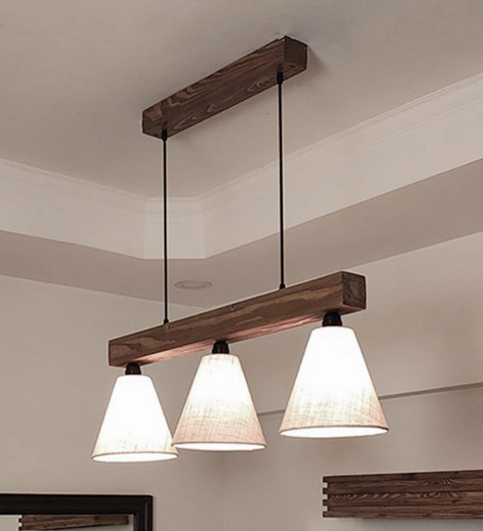 Terzo Brown Wooden Series Hanging Lamp with Beige Fabric Lampshade (BULB NOT INCLUDED)