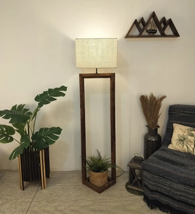 Tesseract Wooden Floor Lamp with Brown Base Beige Fabric Lampshade (BULB NOT INCLUDED) garden LED light