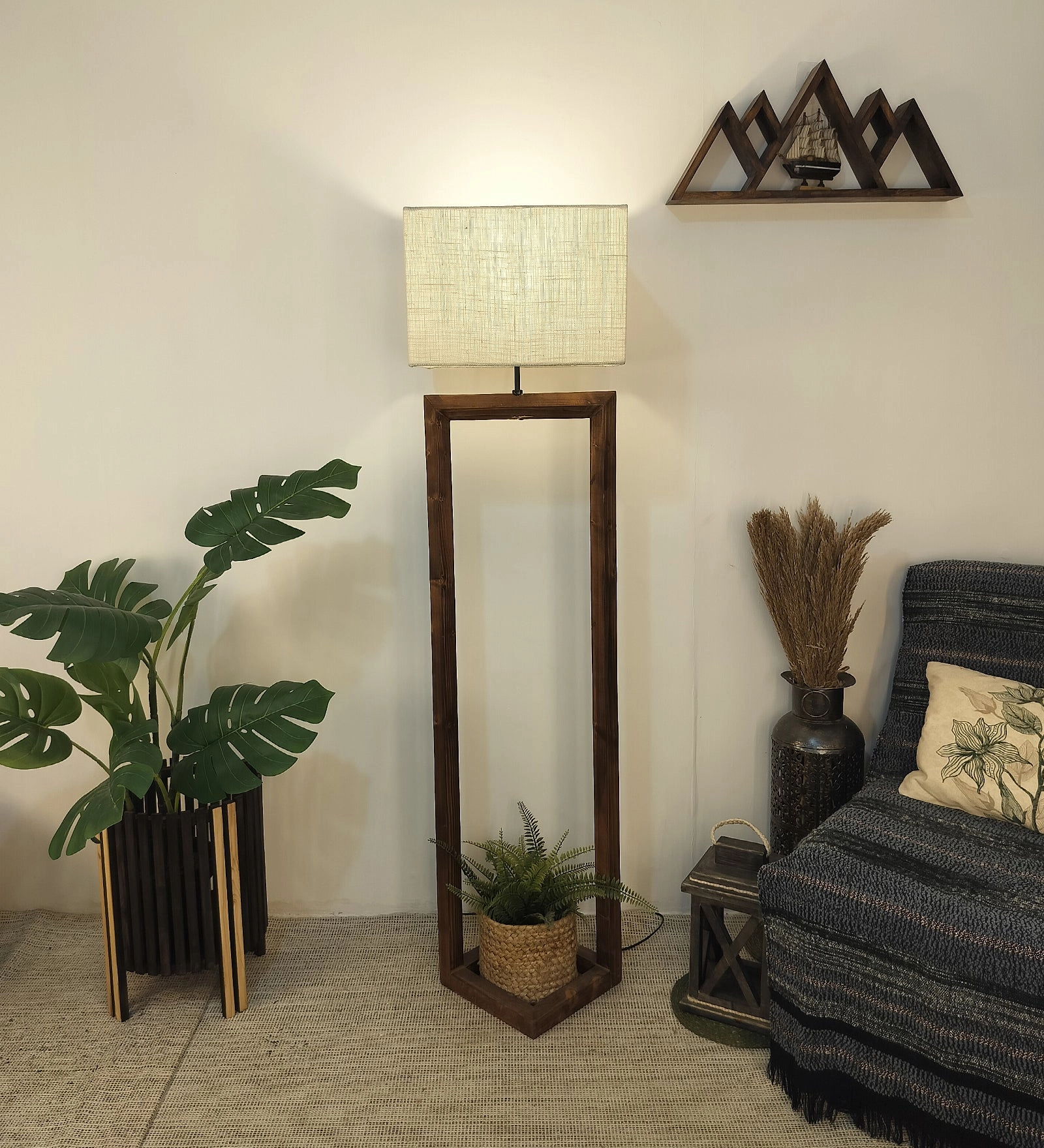 Tesseract Wooden Floor Lamp with Brown Base Beige Fabric Lampshade (BULB NOT INCLUDED) garden LED light