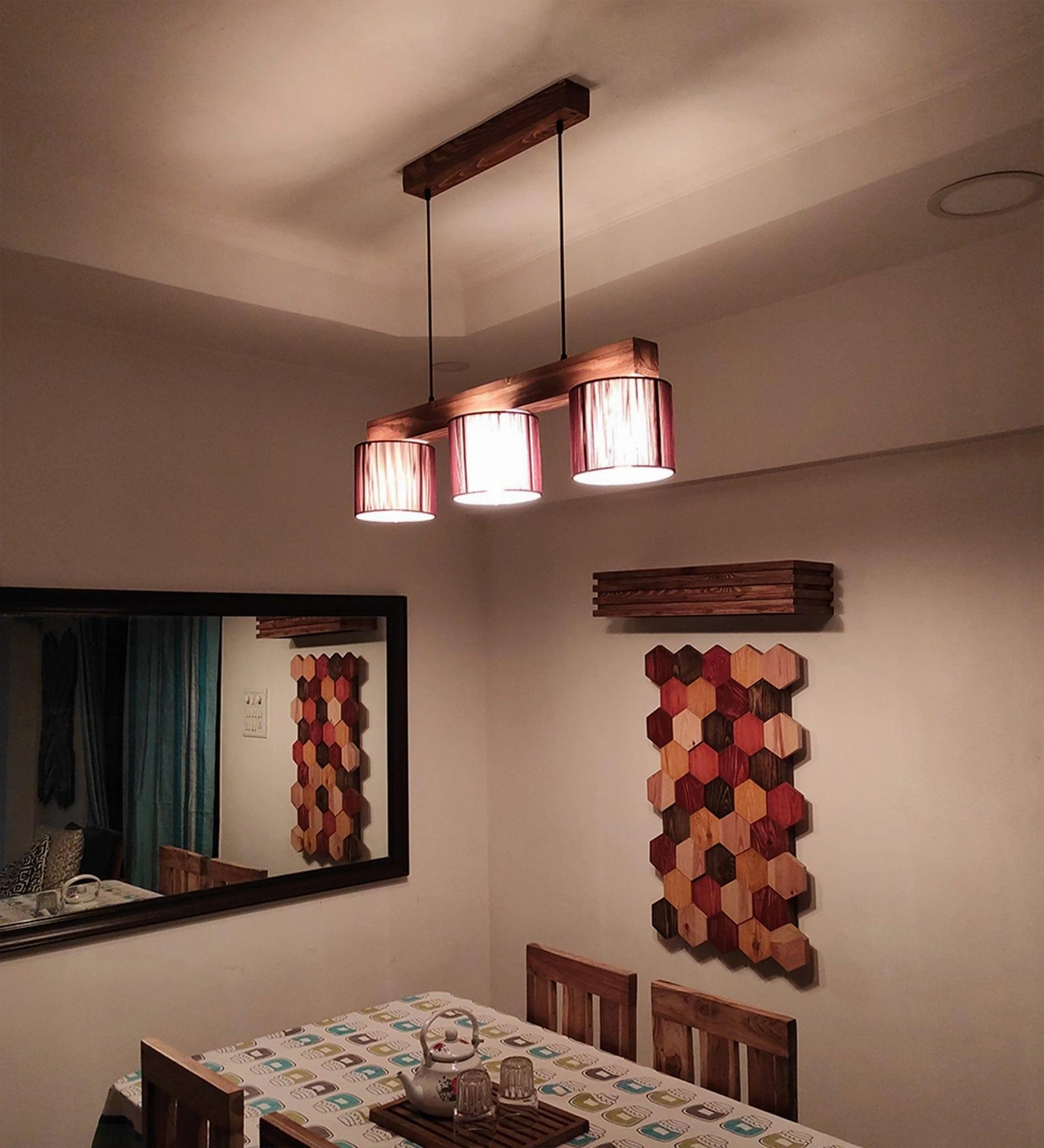 Tiga Brown Wooden Series Hanging Lamp with Brown Fabric Lampshades (BULB NOT INCLUDED)