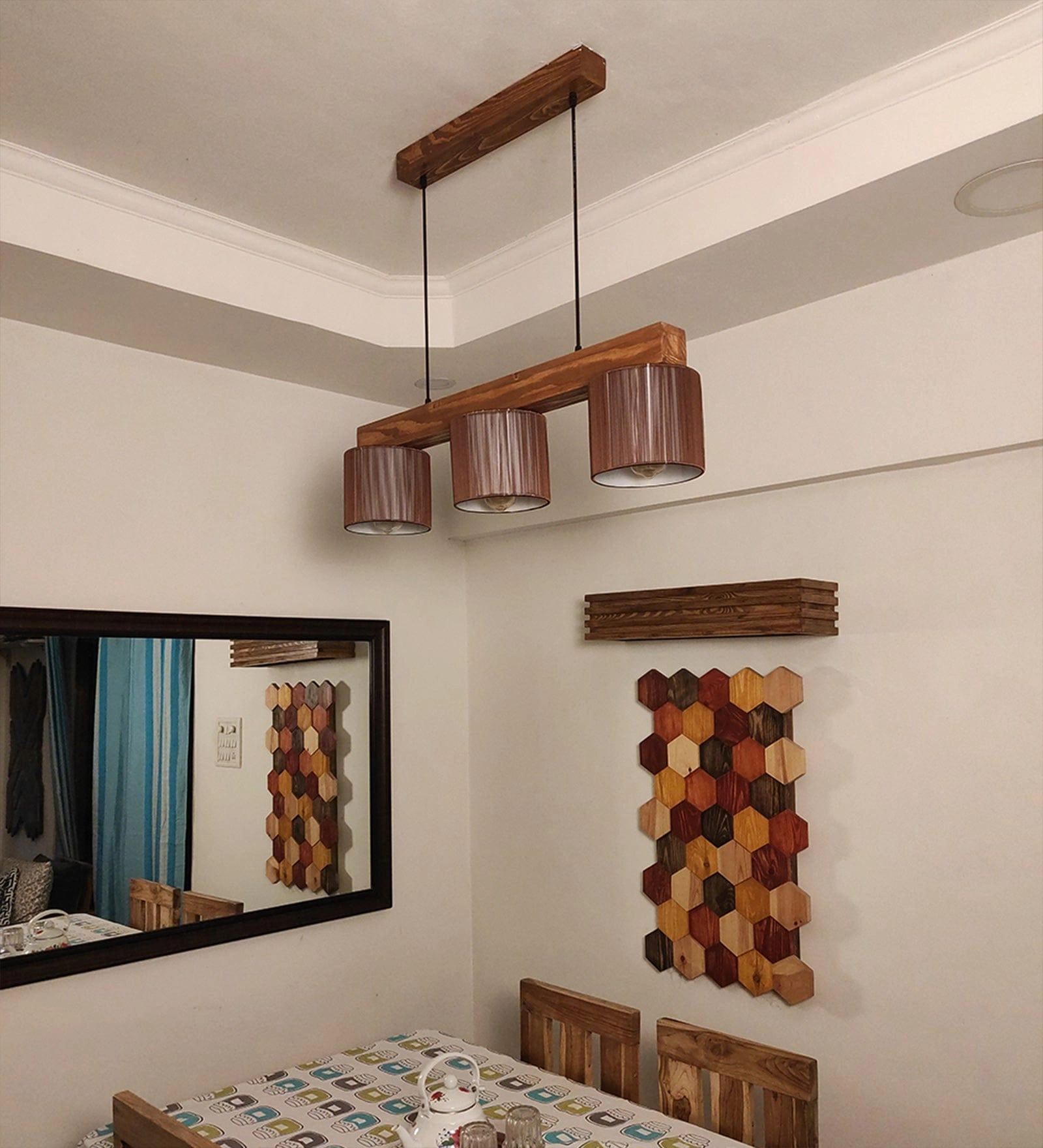 Tiga Brown Wooden Series Hanging Lamp with Brown Fabric Lampshades (BULB NOT INCLUDED)