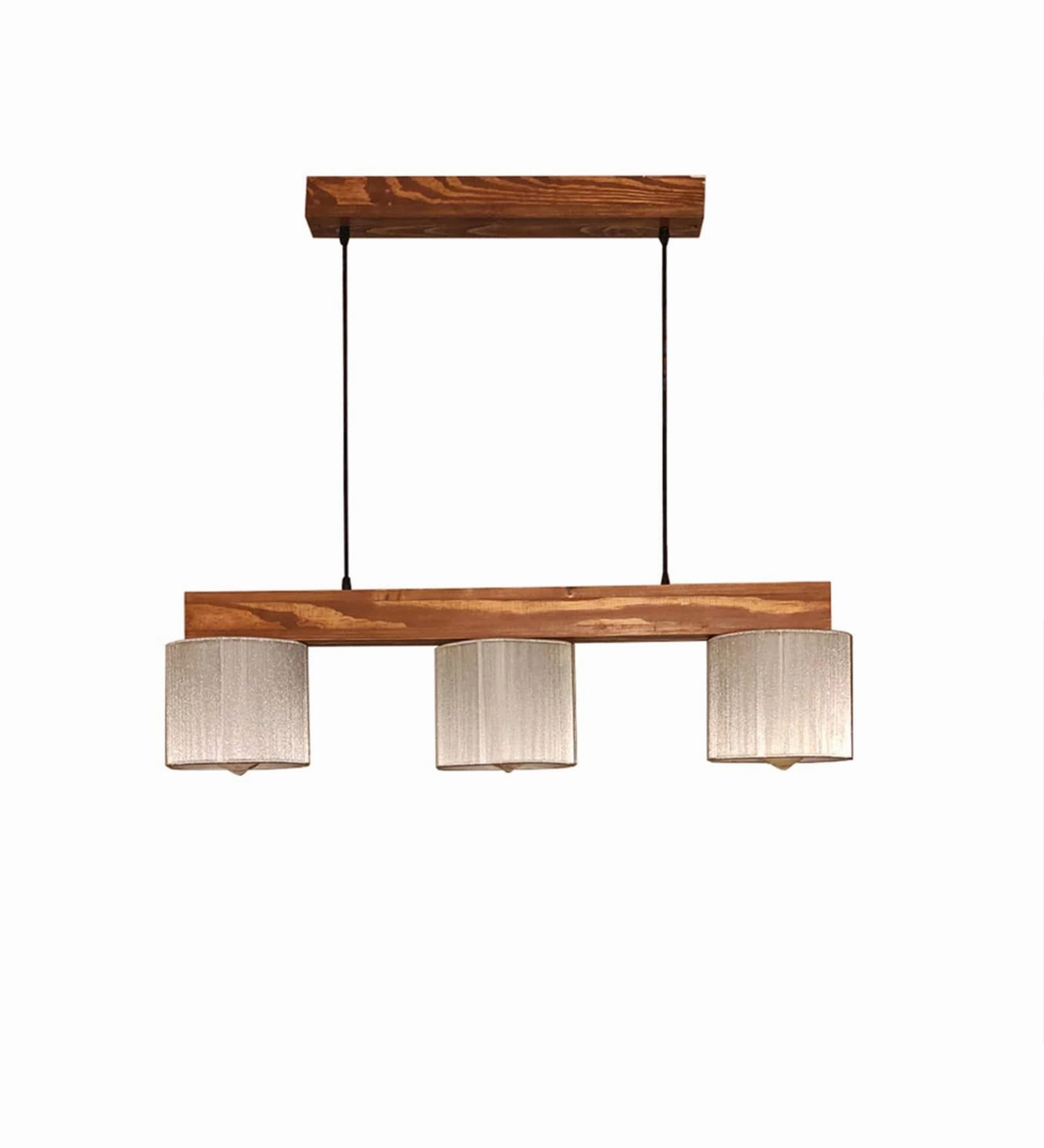Tiga Brown Wooden Series Hanging Lamp with Silver Fabric Lampshades (BULB NOT INCLUDED)