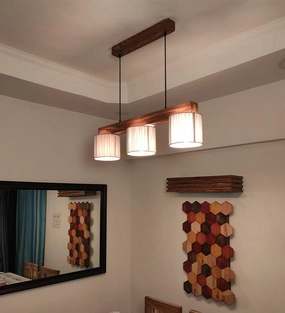 Tiga Brown Wooden Series Hanging Lamp with Silver Fabric Lampshades (BULB NOT INCLUDED) contemporary ceiling fixture