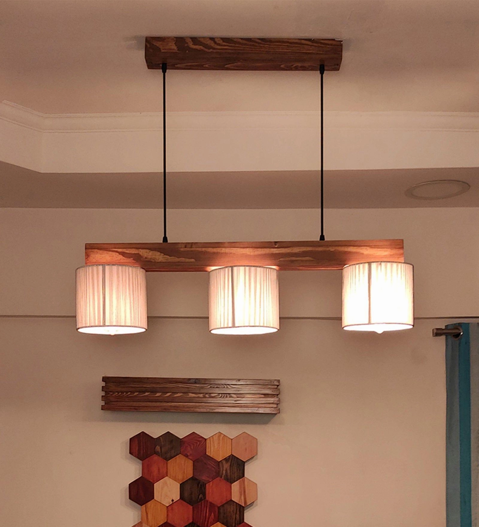Tiga Brown Wooden Series Hanging Lamp with Silver Fabric Lampshades (BULB NOT INCLUDED)