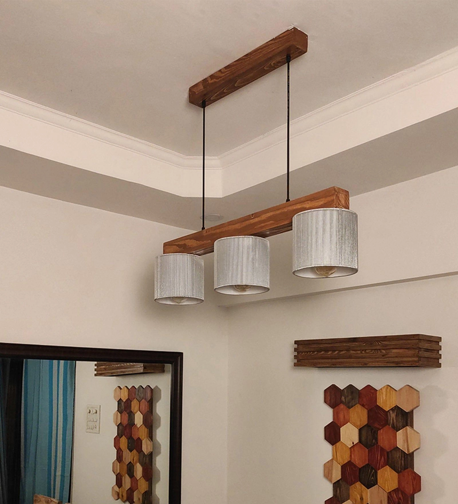 Tiga Brown Wooden Series Hanging Lamp with Silver Fabric Lampshades (BULB NOT INCLUDED)