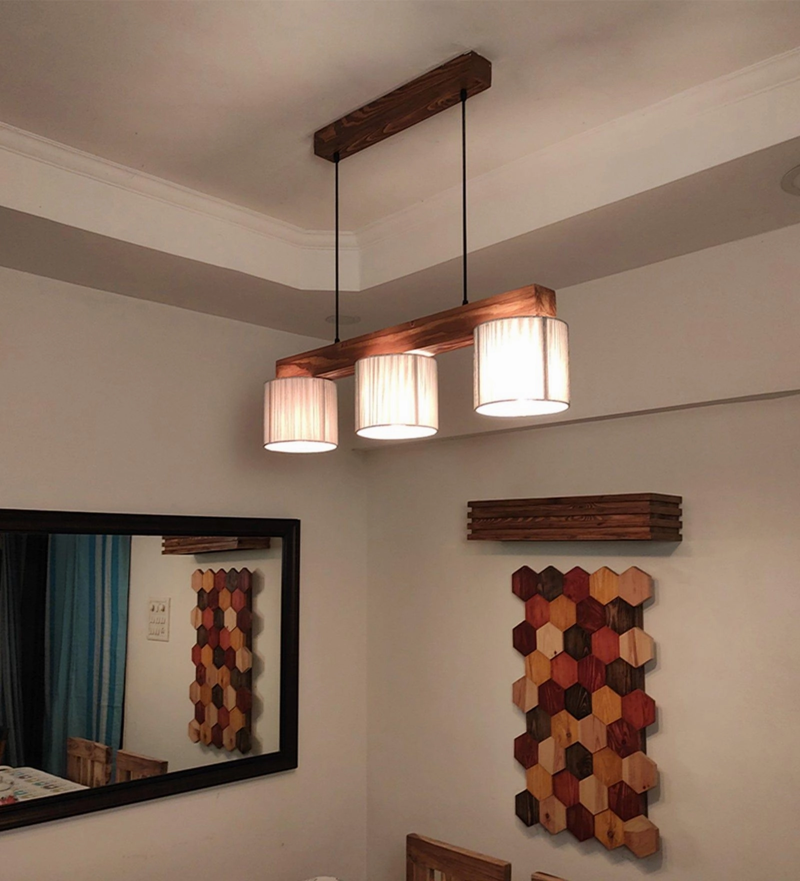 Tiga Brown Wooden Series Hanging Lamp with Silver Fabric Lampshades (BULB NOT INCLUDED) contemporary ceiling fixture