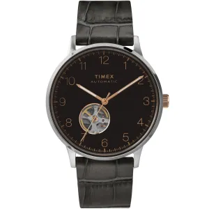Timex Men's Automatic Watch - Waterbury Black Dial Leather Strap | TW2U11600ZV Timex Watches