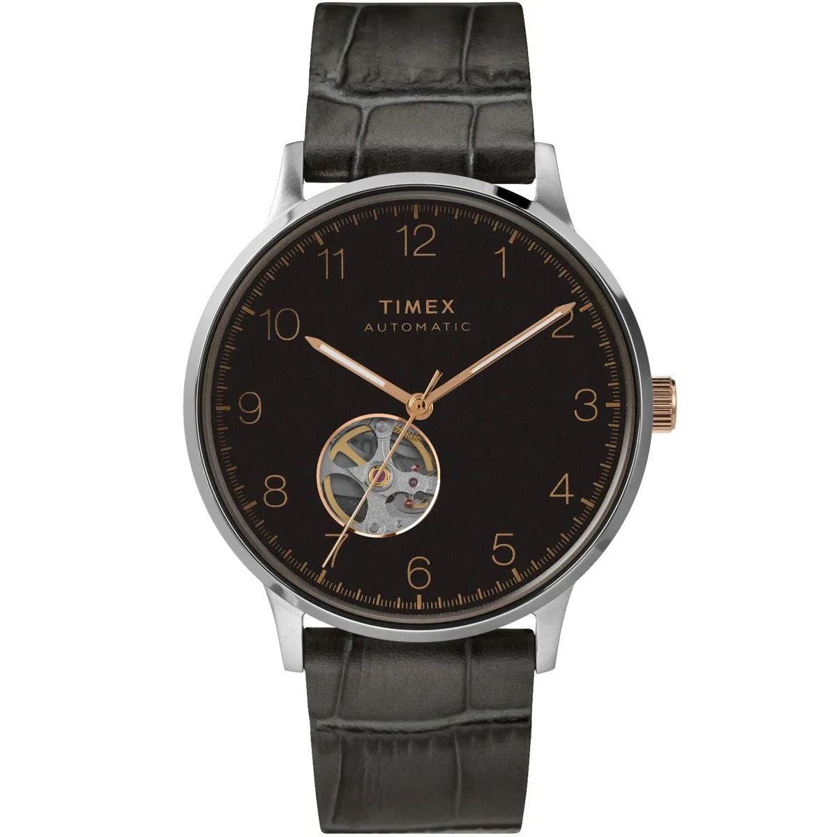 Timex Men's Automatic Watch - Waterbury Black Dial Leather Strap | TW2U11600ZV Timex Watches