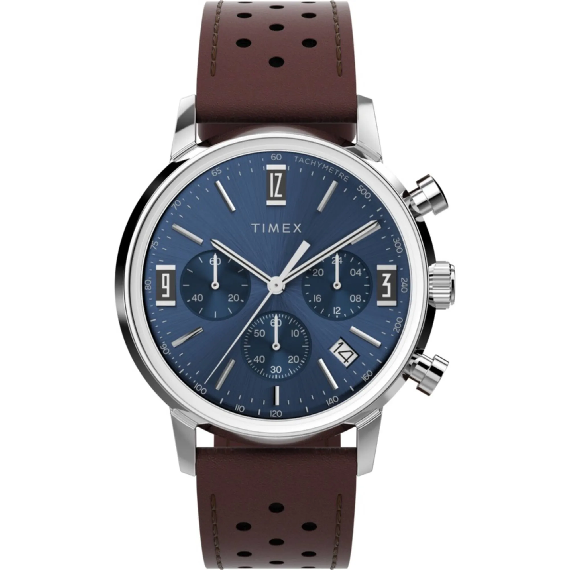 Timex Men's Chronograph Watch - Marlin Blue Dial Brown Leather Strap | TW2W10200VQ Timex Watches