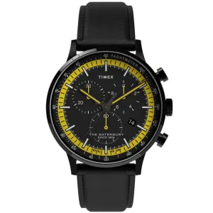Timex Men's Chronograph Watch - Waterbury Black Dial Leather Strap | TW2U04800VQ Timex Watches