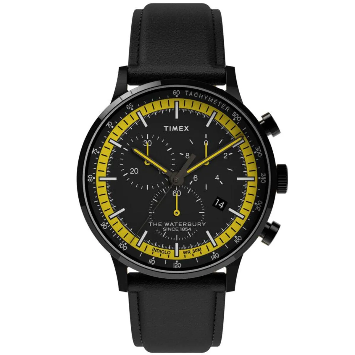 Timex Men's Chronograph Watch - Waterbury Black Dial Leather Strap | TW2U04800VQ Timex Watches