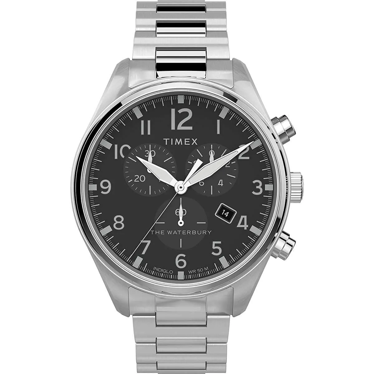 Timex Men's Chronograph Watch - Waterbury Black Dial Silver Bracelet | TW2T70300VQ Timex Watches