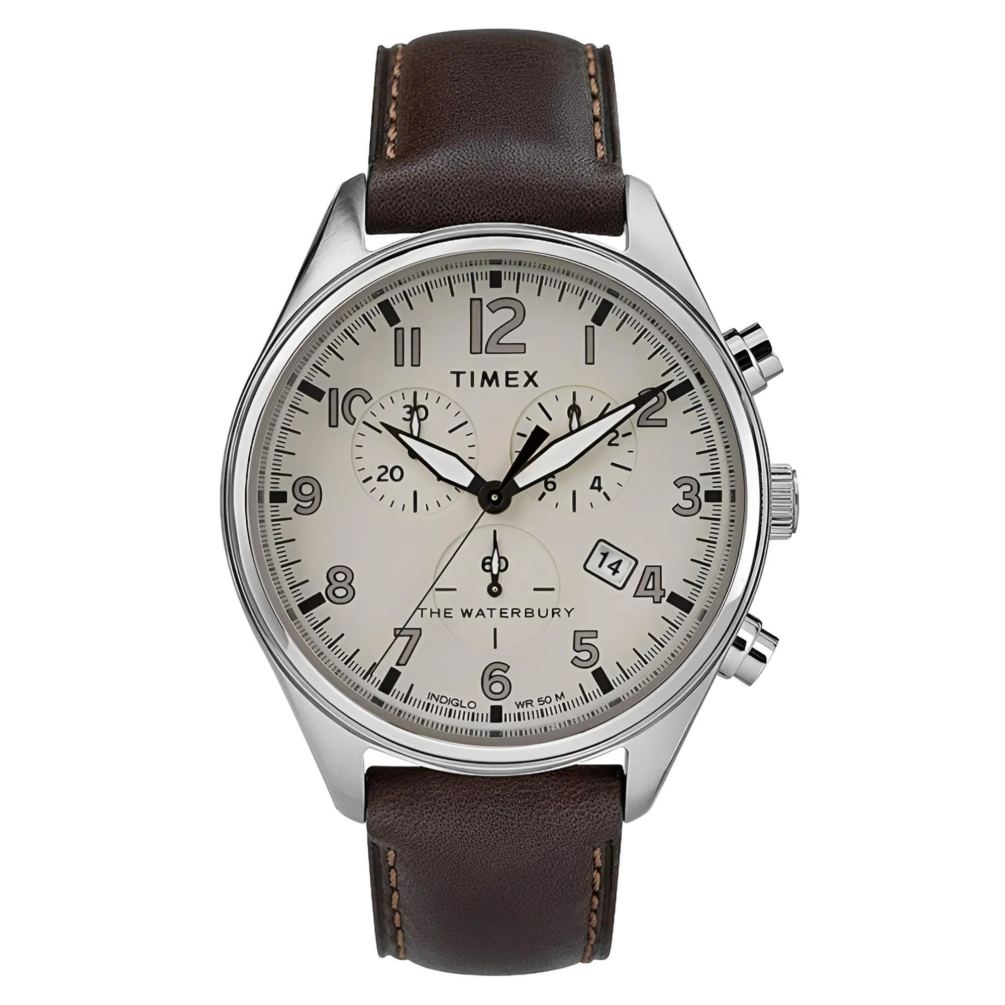 Timex Men's Chronograph Watch - Waterbury Cream Dial Leather Strap | TW2R88200 Timex Watches