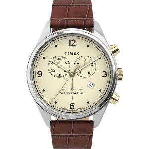 Timex Men's Chronograph Watch - Waterbury Cream Dial Leather Strap | TW2U04500VQ Timex Watches