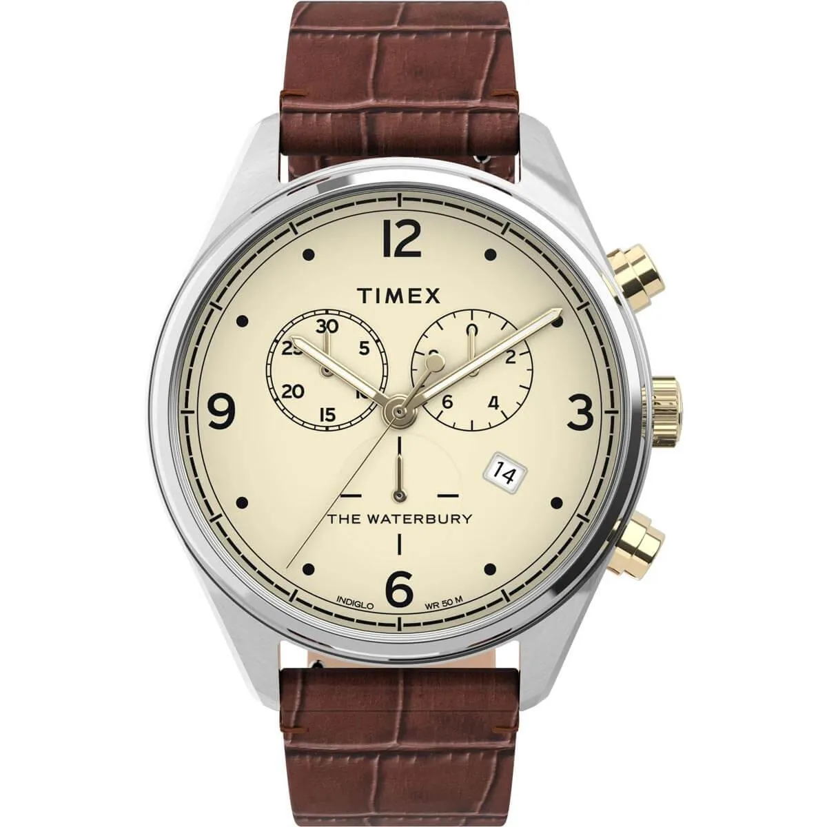 Timex Men's Chronograph Watch - Waterbury Cream Dial Leather Strap | TW2U04500VQ Timex Watches