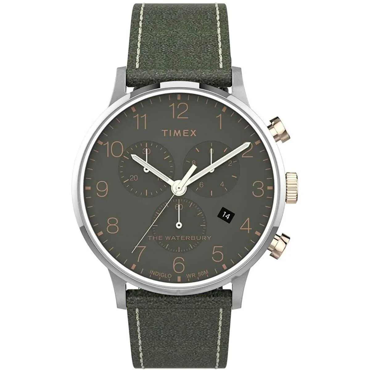 Timex Men's Chronograph Watch - Waterbury Green Dial Leather Strap | TW2T71400VQ Timex Watches