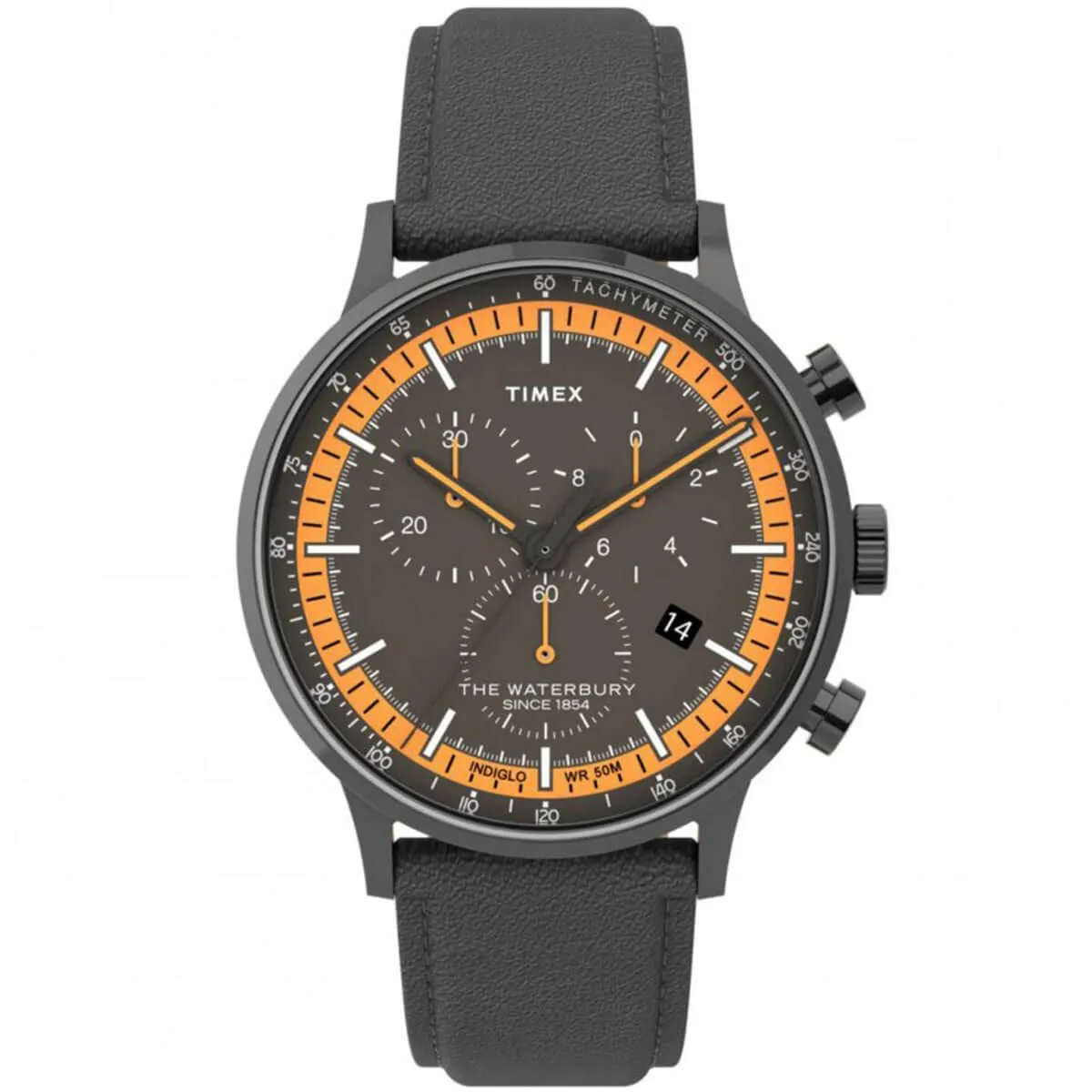 Timex Men's Chronograph Watch - Waterbury Grey Dial Leather Strap | TW2U04900VQ Timex Watches