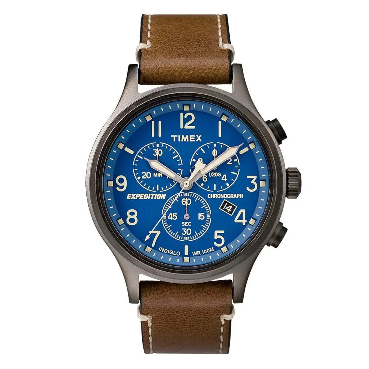 Timex Men's Leather Strap Watch - Expedition Scout Chronograph Blue Dial | TW4B09000JV Timex Watches