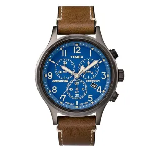 Timex Men's Leather Strap Watch - Expedition Scout Chronograph Blue Dial | TW4B09000JV Timex Watches