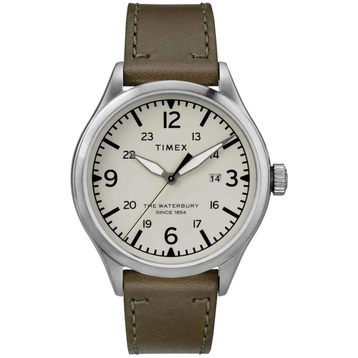 Timex Men's Quartz Watch - Waterbury Cream Dial Green Leather Strap | TW2R71100 Timex Watches