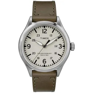 Timex Men's Quartz Watch - Waterbury Cream Dial Green Leather Strap | TW2R71100 Timex Watches