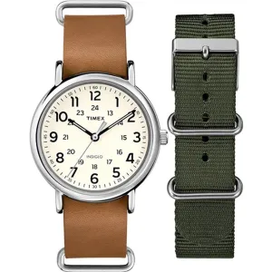 Timex Men's Quartz Watch - Weekender Cream Dial Brown Leather Strap | TWG015100 Timex Watches