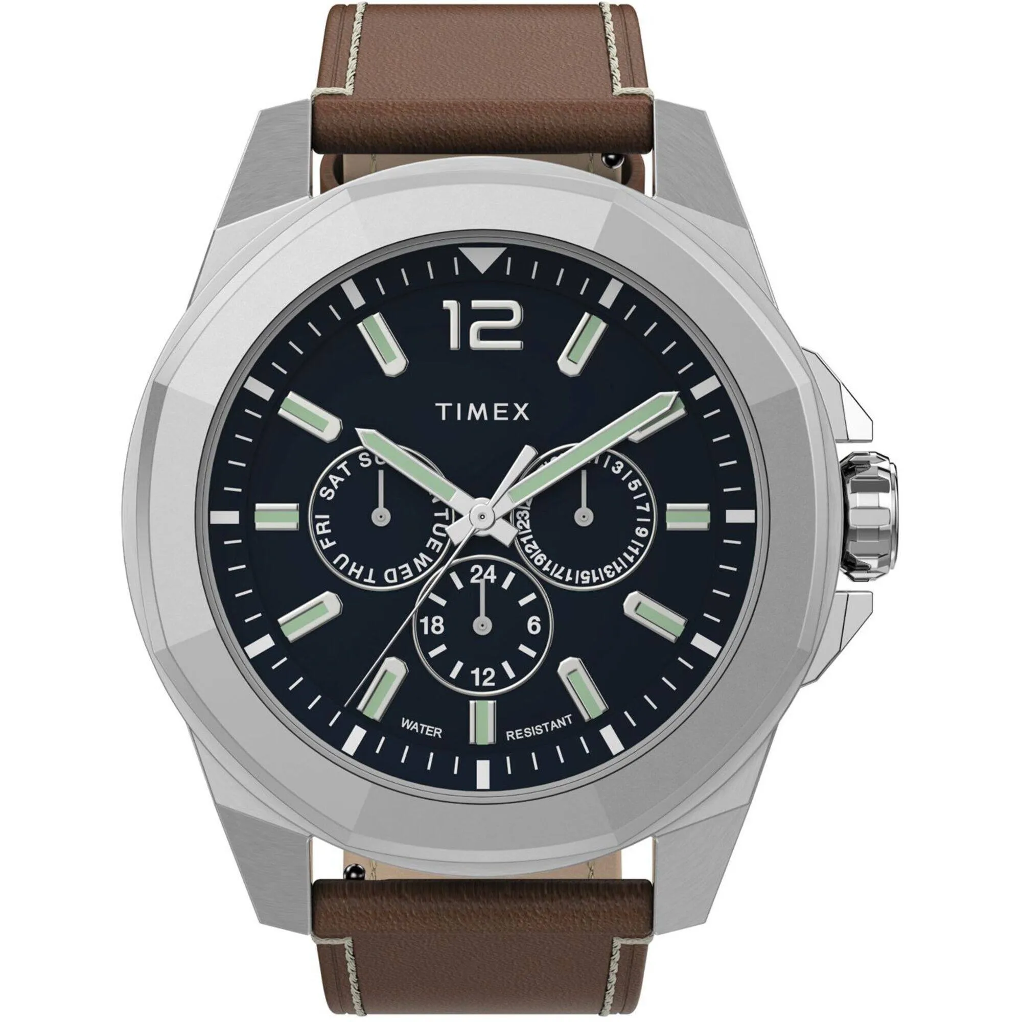 Timex Men's Watch - Essex Avenue Blue Dial Tan Leather Strap Day-Date | TW2U42800 Timex Watches