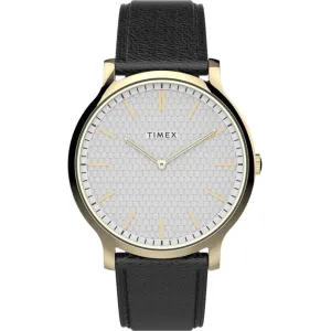 Timex Men's Watch - Gallery Quartz Silver Tone Dial Black Leather Strap | TW2V28400 Timex Watches