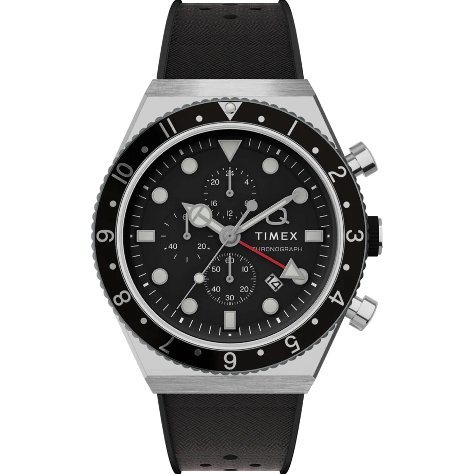 Timex Men's Watch - Q Chronograph Rotating Bezel Black Dial Rubber Strap | TW2V70000 Timex Watches