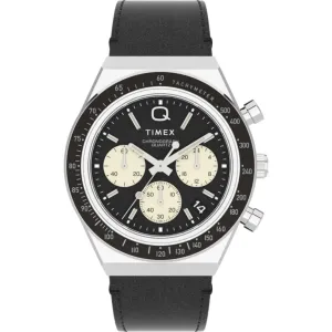 Timex Men's Watch - Q Chronograph Rotating Bezel Black Leather Strap | TW2V42700 Timex Watches